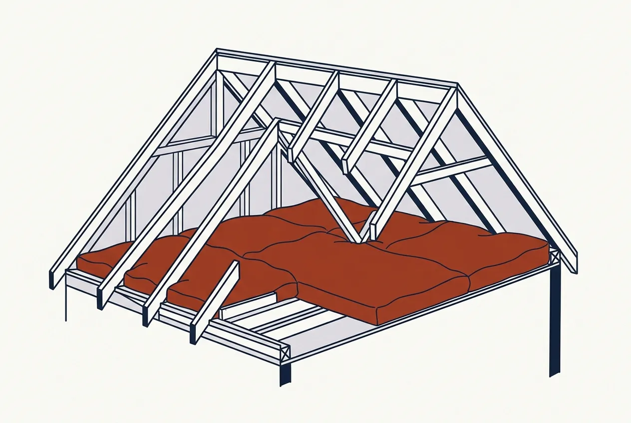 Cutaway of a roof space with insulation laid across the attic floor between the joists.