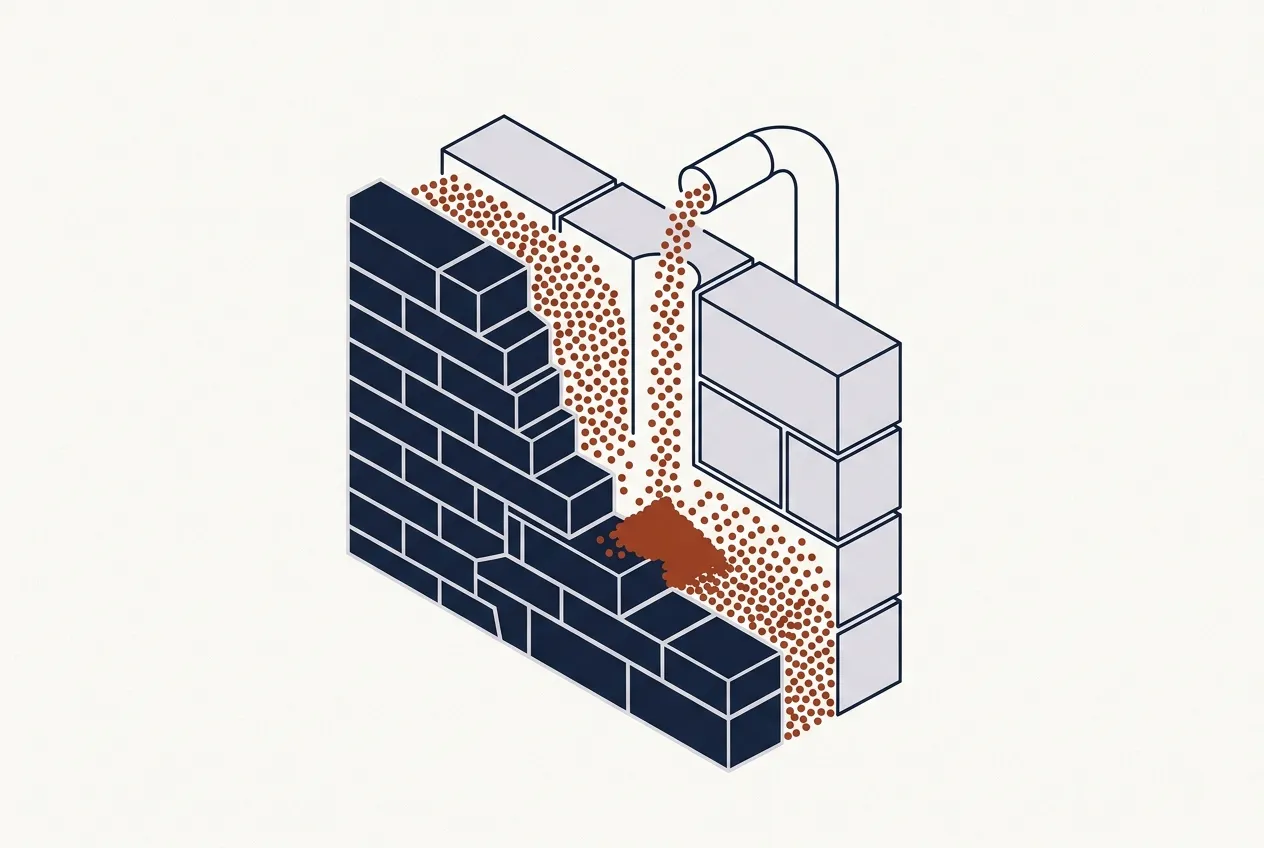 Cutaway of a cavity wall with insulation beads being blown into the gap between the two leaves.
