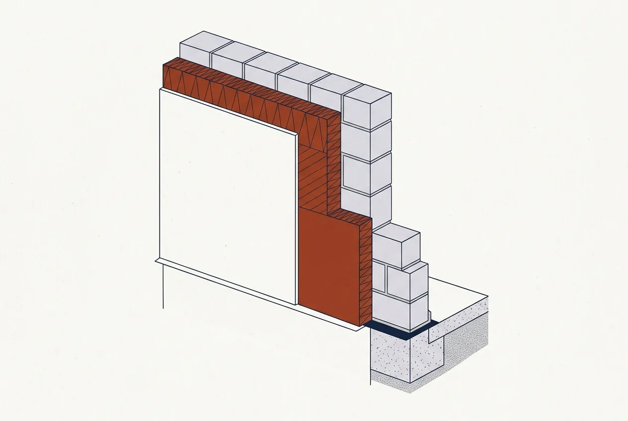 Cutaway of a wall with insulation and a render coat added to its outer face, so the room side is untouched.