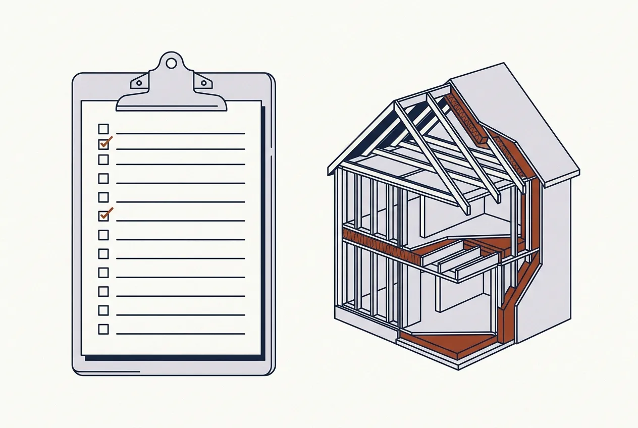 A checklist alongside a house, standing for checking a contractor against the register.