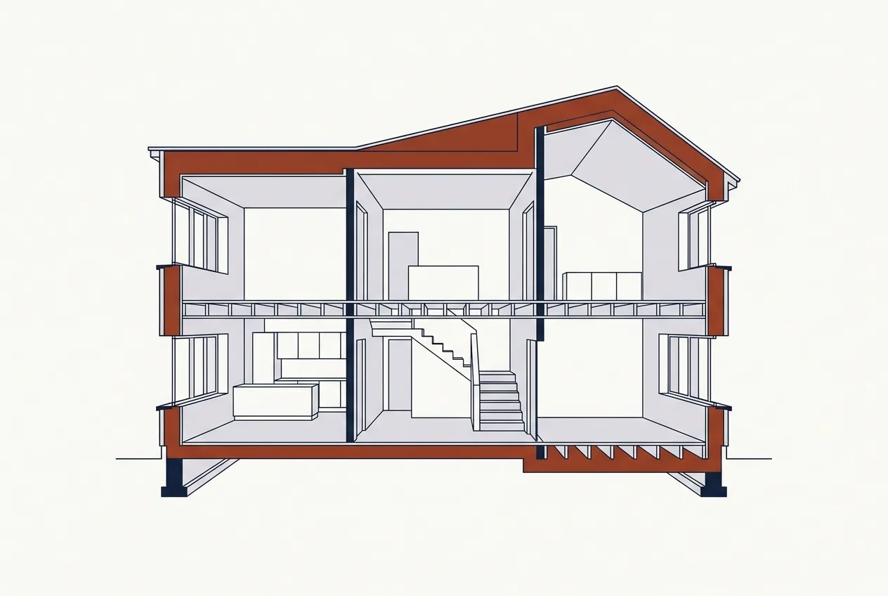 Cutaway of a whole house with a continuous layer of insulation wrapping the roof, walls and floor.